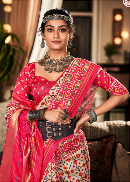Creme Pink Patola Silk Saree