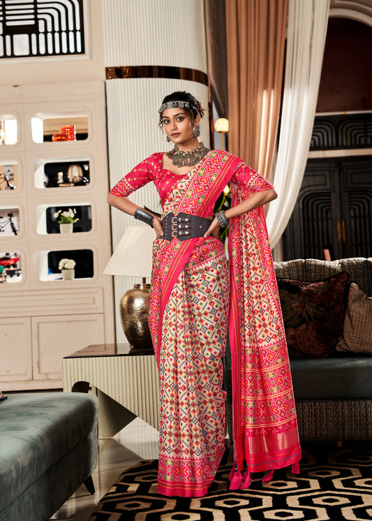 Creme Pink Patola Silk Saree