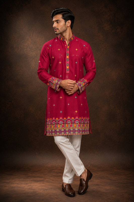 Crimson Red Embroidered Kurta with Multicolor Heritage Border Print