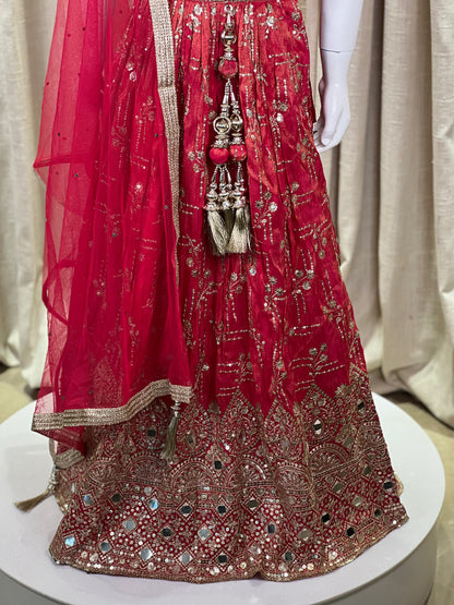 Crimson Red Mirror Work Lehenga Set for Girls