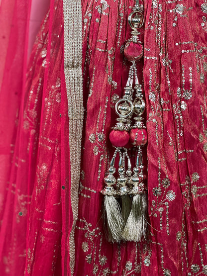 Crimson Red Mirror Work Lehenga Set for Girls