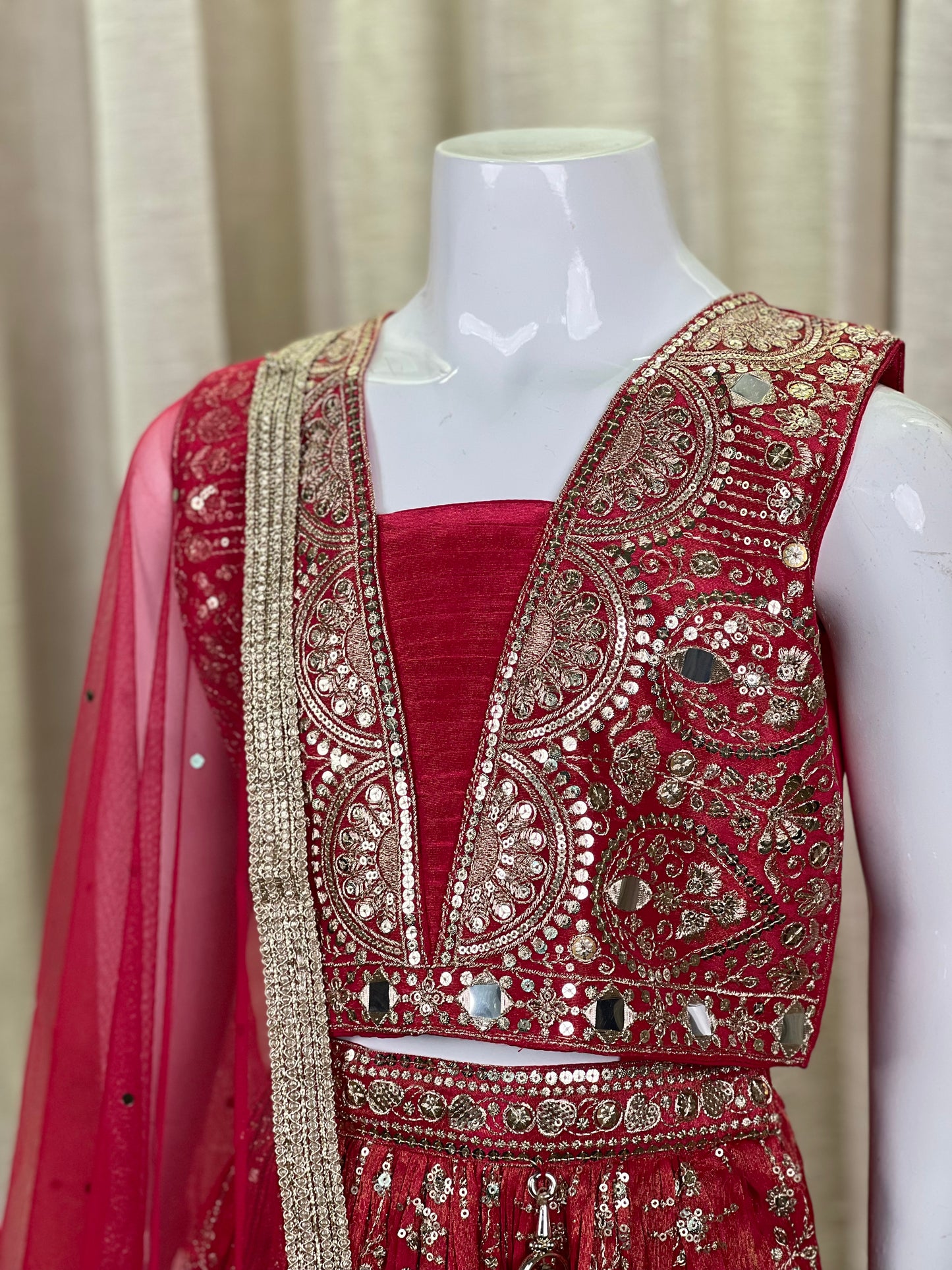 Crimson Red Mirror Work Lehenga Set for Girls