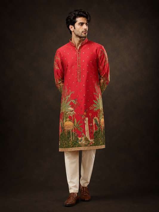 Crimson Red Scenic Printed Kurta for Men with Mughal Garden Inspired Designer Artwork