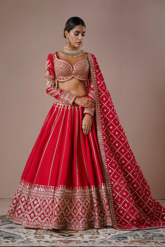 Crimson Red Zardozi Embroidered Silk Lehenga Set