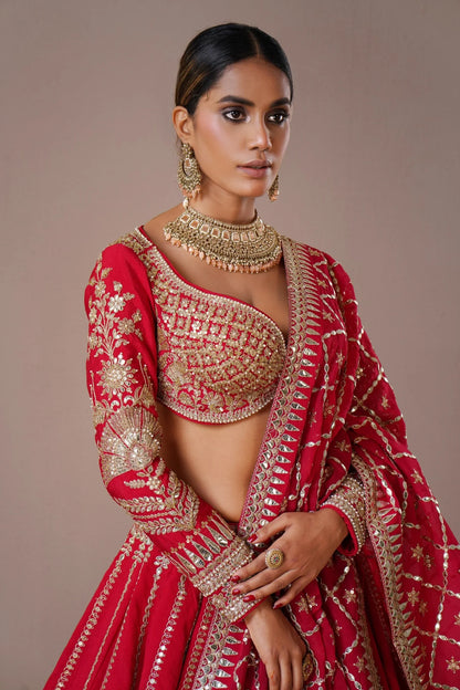 Crimson Red Zardozi Embroidered Silk Lehenga Set