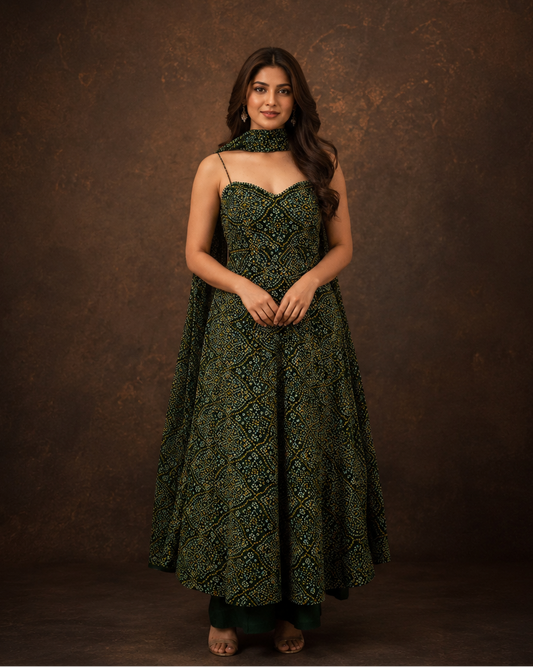 Dark Green Bandhani Print Anarkali Suit
