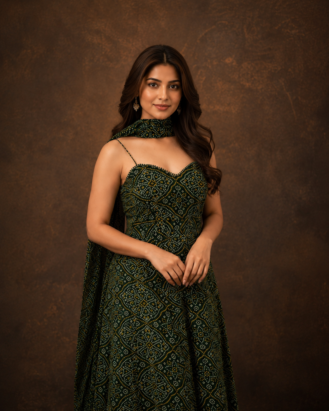 Dark Green Bandhani Print Anarkali Suit