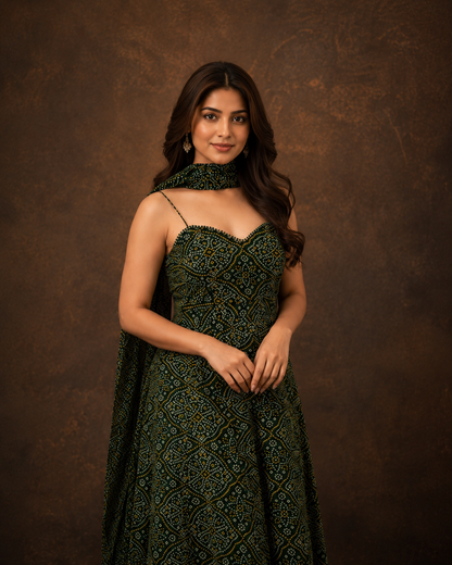 Dark Green Bandhani Print Anarkali Suit