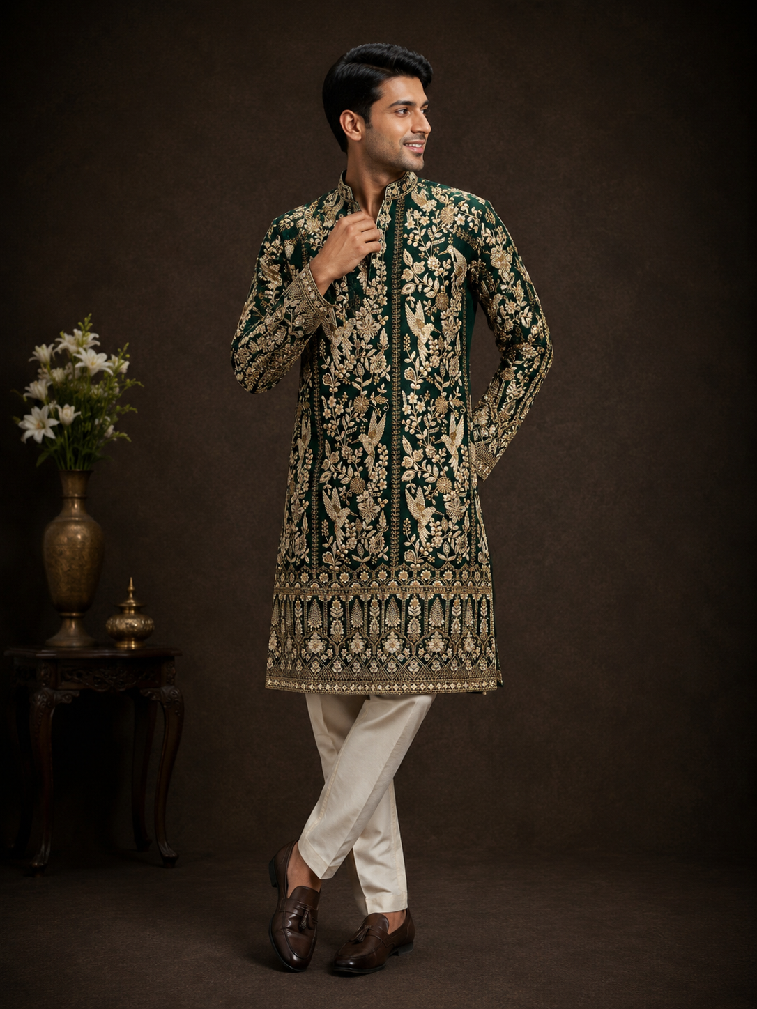 Dark Green Heavy Embroidered Sherwani for Men with Floral Bird Motif and Zari Work
