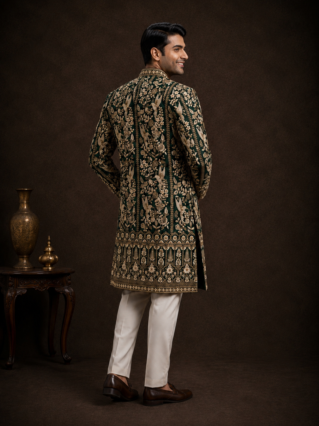 Dark Green Heavy Embroidered Sherwani for Men with Floral Bird Motif and Zari Work