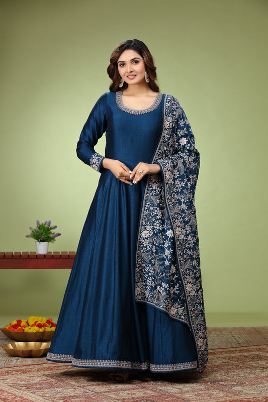 Dark Blue Anarkali Set With Flora Embroidery work Dupatta