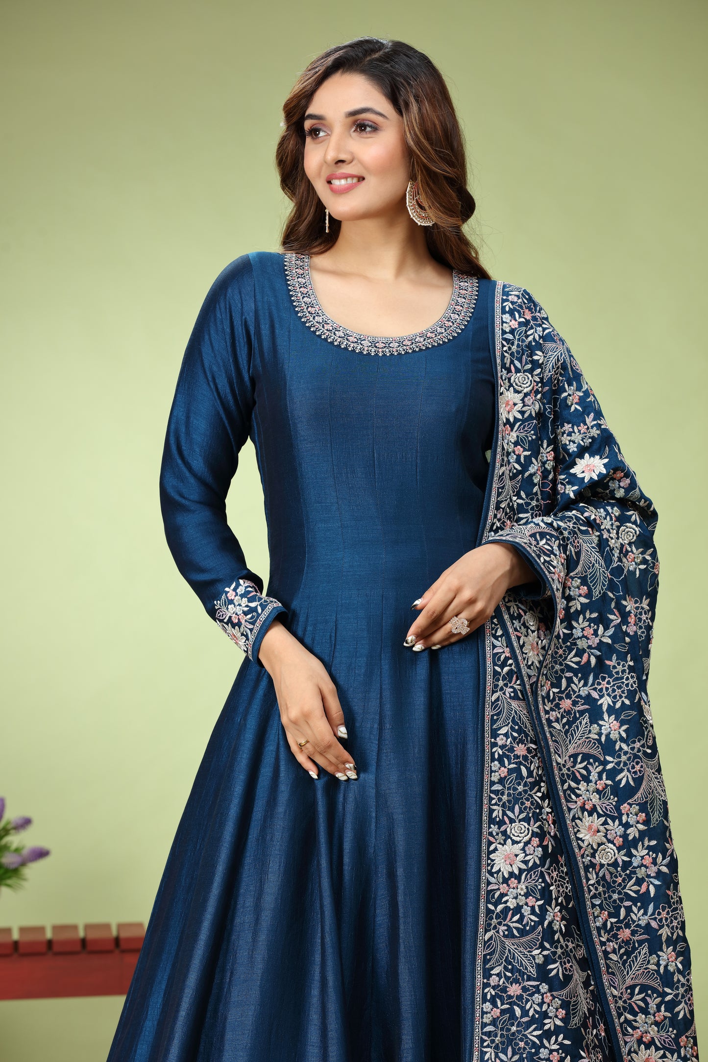 Dark Blue Anarkali Set With Flora Embroidery work Dupatta