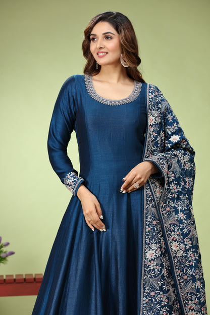 Dark Blue Anarkali Set With Flora Embroidery work Dupatta