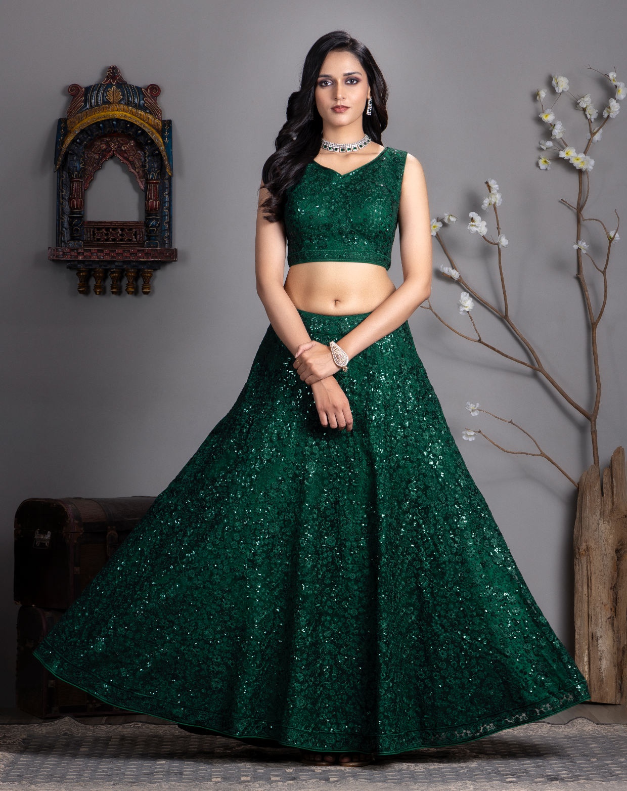 Dark Green Embroidered Sequinned Lehnga Choli