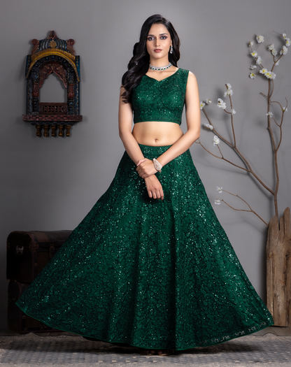 Dark Green Embroidered Sequinned Lehnga Choli