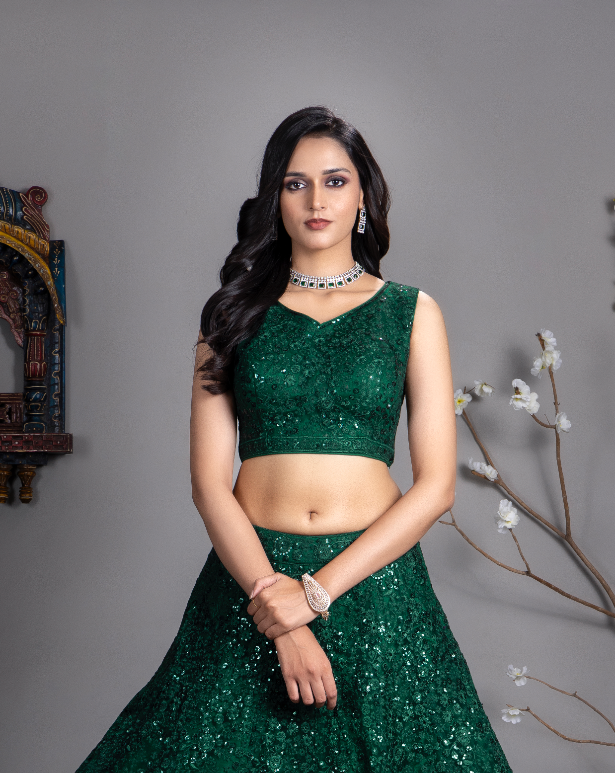 Dark Green Embroidered Sequinned Lehnga Choli