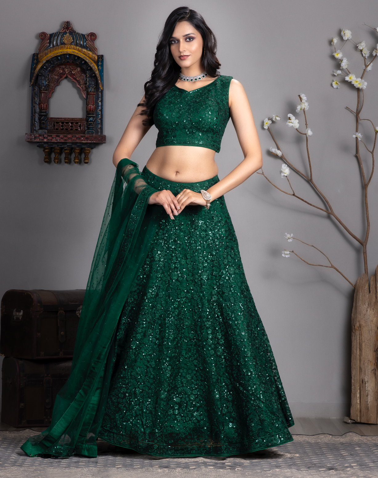Dark Green Embroidered Sequinned Lehnga Choli