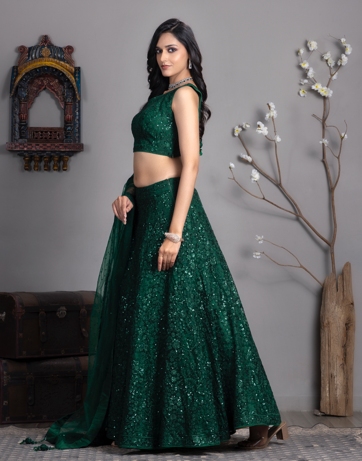Dark Green Embroidered Sequinned Lehnga Choli