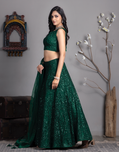 Dark Green Embroidered Sequinned Lehnga Choli