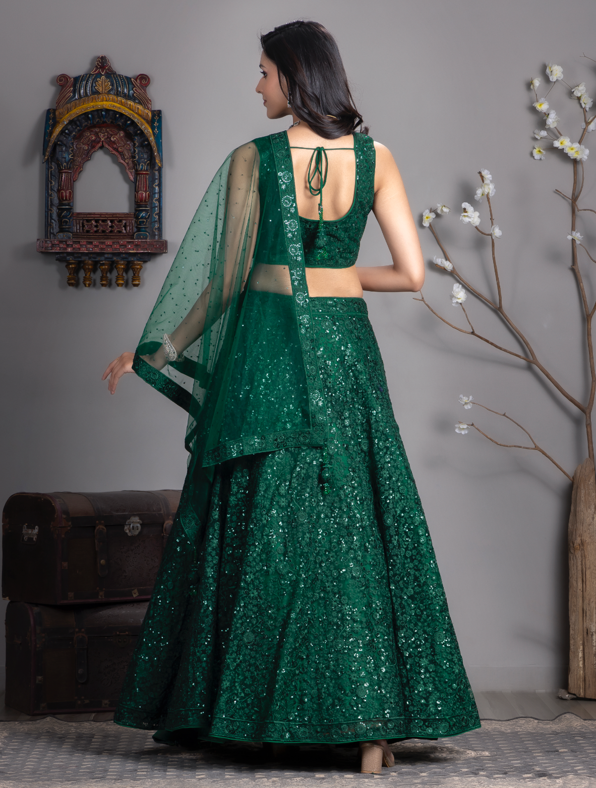 Dark Green Embroidered Sequinned Lehnga Choli