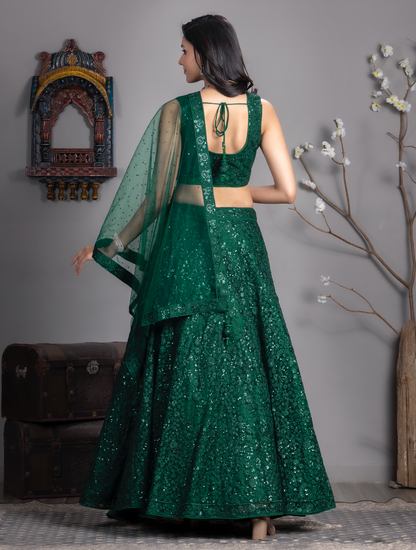 Dark Green Embroidered Sequinned Lehnga Choli