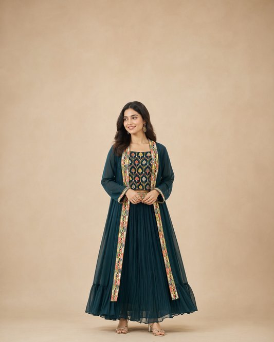 Deep Bottle Green Embroidered Lehenga Set with Multicolor Mirror Work Jacket