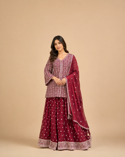 Deep Maroon Embroidered Lehenga Set with White Thread work & Dupatta