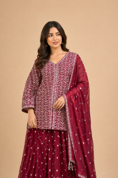 Deep Maroon Embroidered Lehenga Set with White Thread work & Dupatta