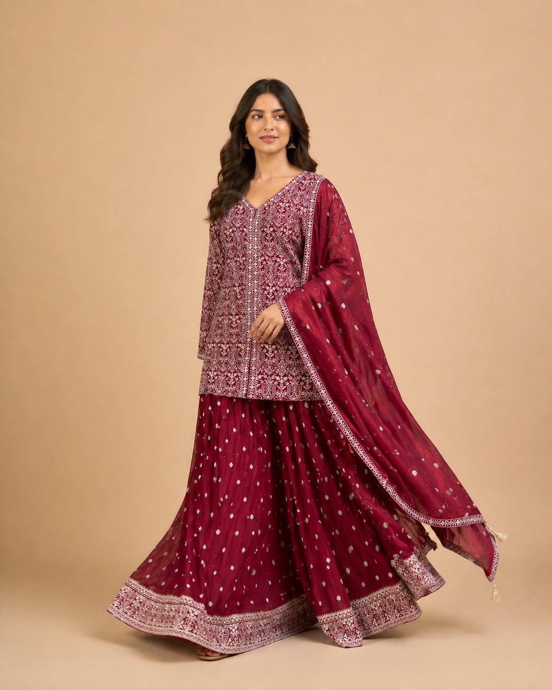 Deep Maroon Embroidered Lehenga Set with White Thread work & Dupatta