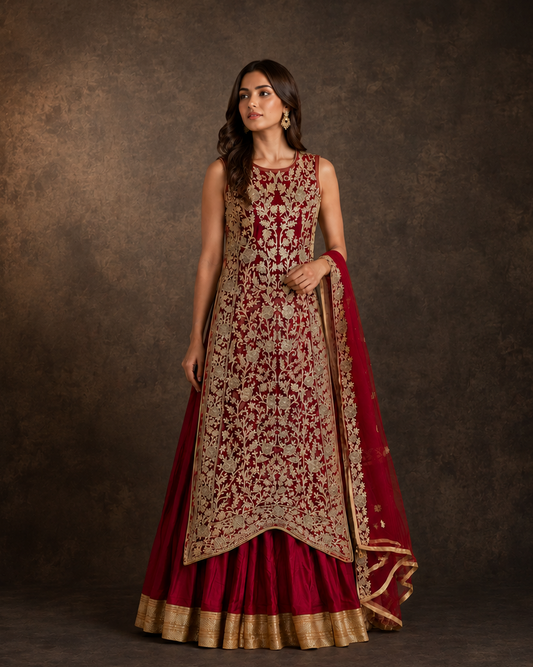 Deep Maroon Gold Embroidered Designer Lehenga Set