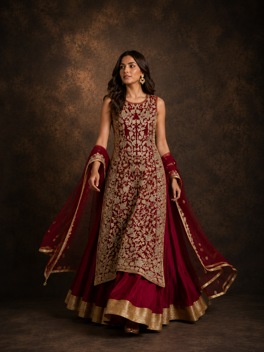 Deep Maroon Gold Embroidered Designer Lehenga Set