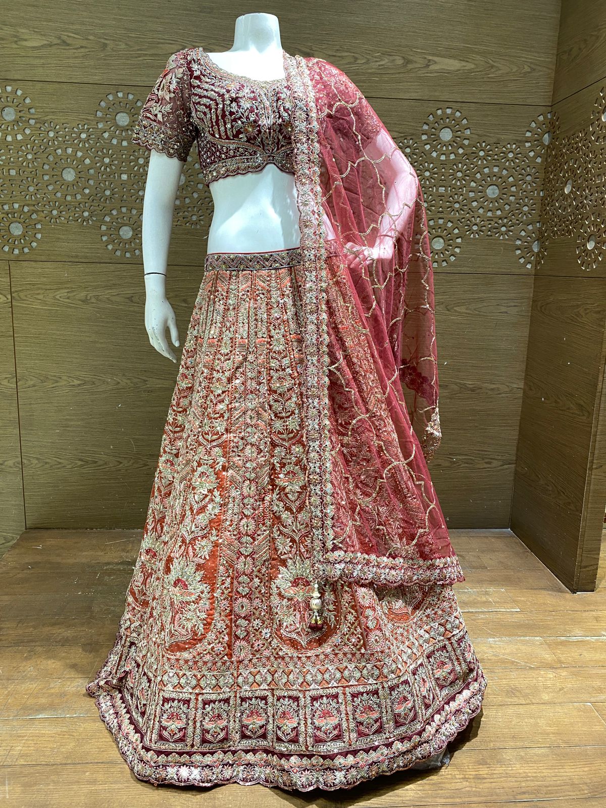 Deep Maroon & Rust Red Heavy Embroidered Lehenga Choli