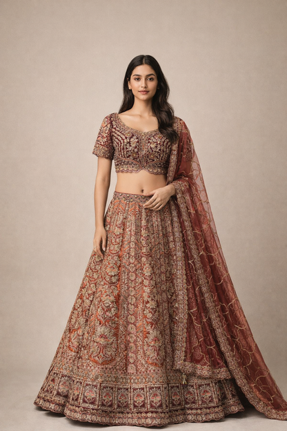 Deep Maroon & Rust Red Heavy Embroidered Lehenga Choli