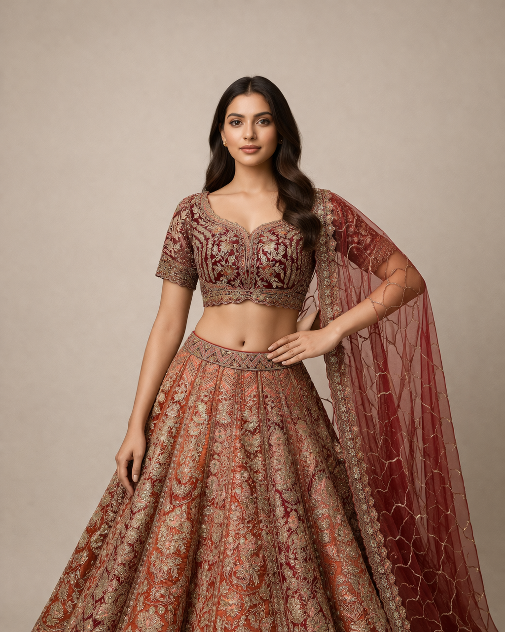 Deep Maroon & Rust Red Heavy Embroidered Lehenga Choli