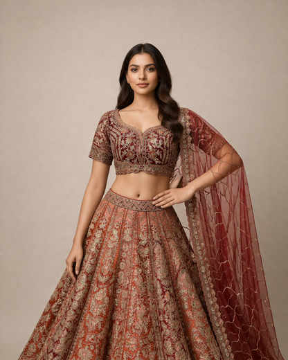 Deep Maroon & Rust Red Heavy Embroidered Lehenga Choli