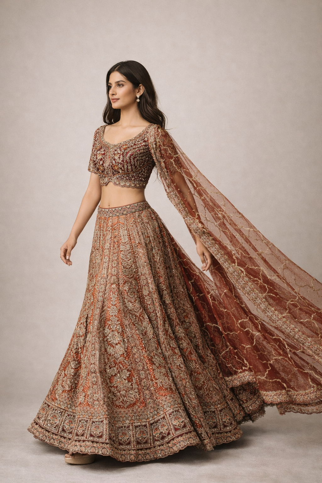 Deep Maroon & Rust Red Heavy Embroidered Lehenga Choli