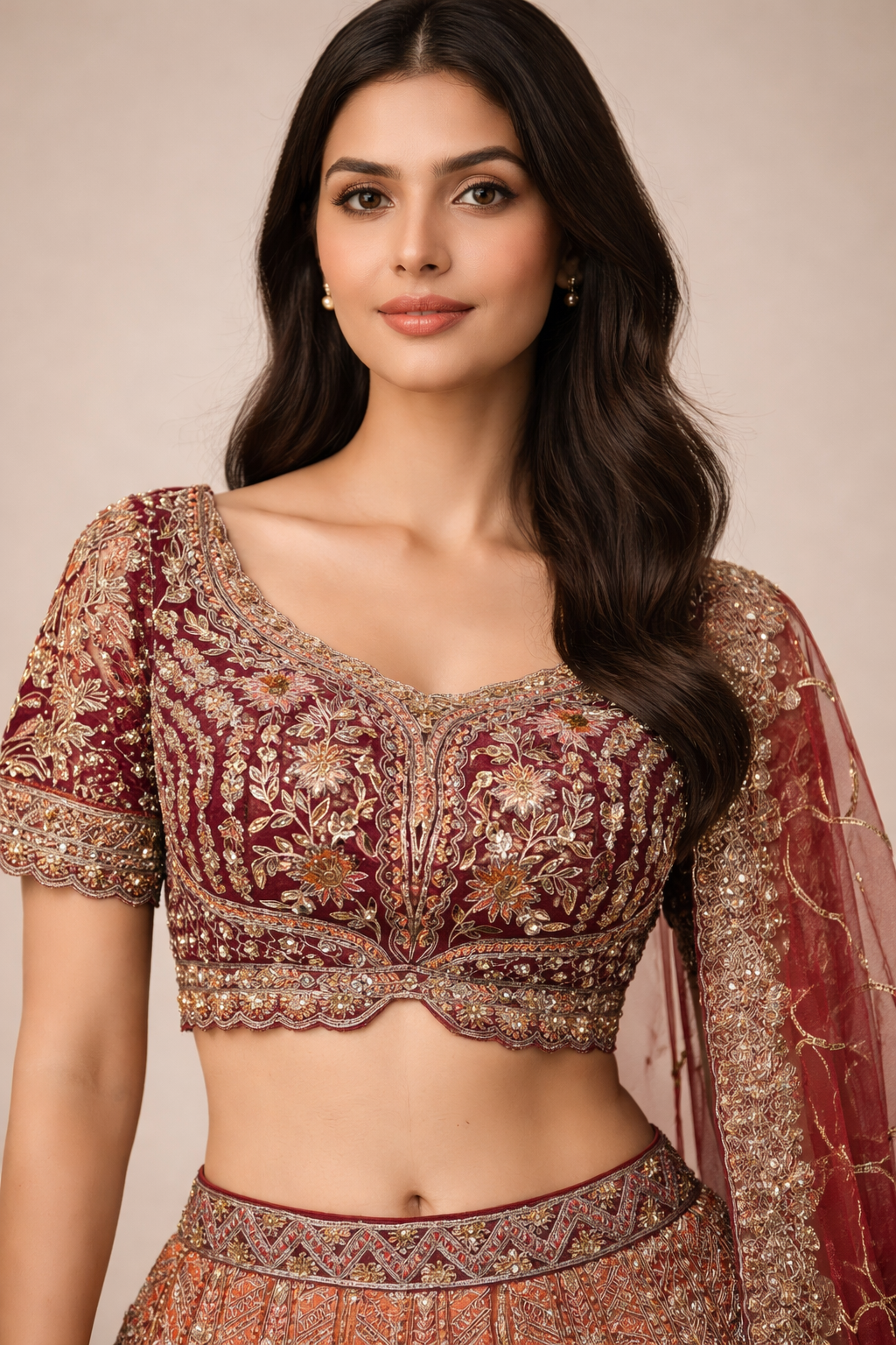 Deep Maroon & Rust Red Heavy Embroidered Lehenga Choli
