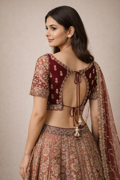 Deep Maroon & Rust Red Heavy Embroidered Lehenga Choli
