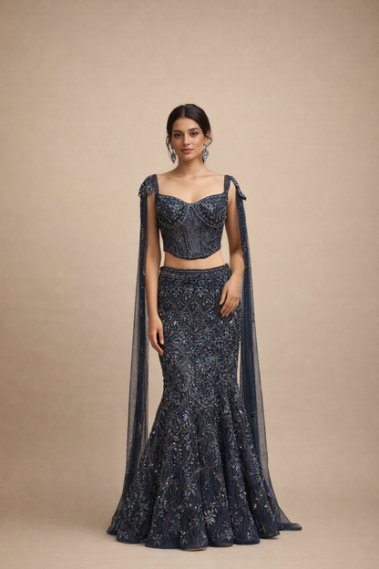 Deep Navy Blue Embellished Corset Blouse and Mermaid Lehenga