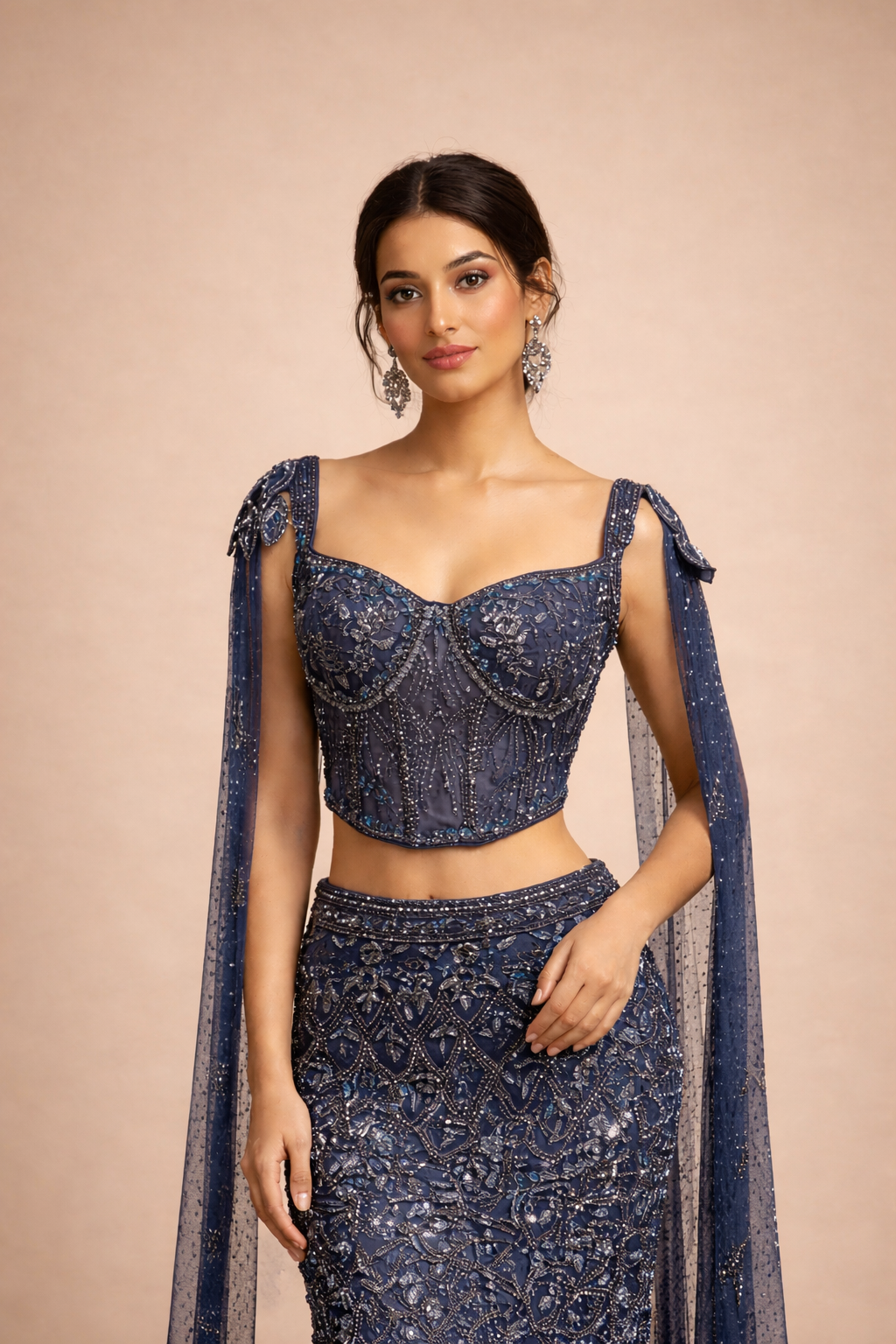 Deep Navy Blue Embellished Corset Blouse and Mermaid Lehenga