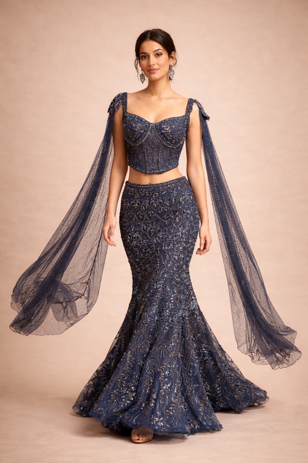 Deep Navy Blue Embellished Corset Blouse and Mermaid Lehenga