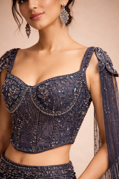 Deep Navy Blue Embellished Corset Blouse and Mermaid Lehenga
