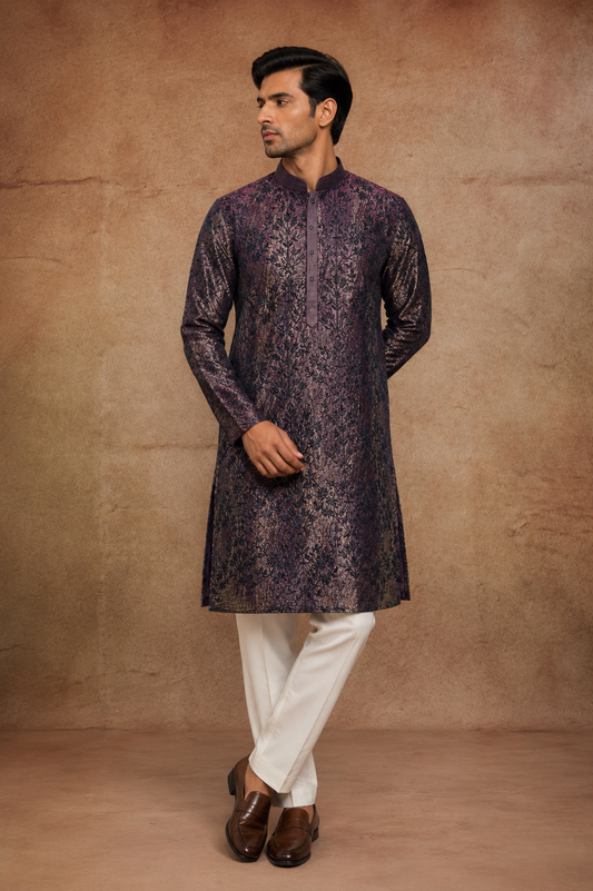 Deep Plum Floral Brocade Kurta for Men with Woven Jacquard Design and Mandarin Collar