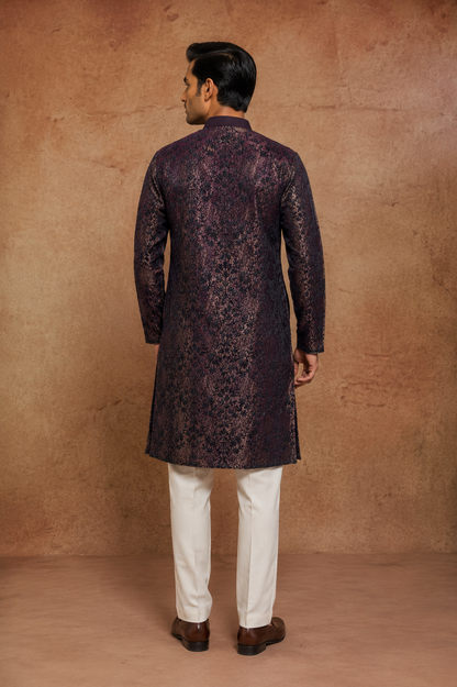 Deep Plum Floral Brocade Kurta for Men with Woven Jacquard Design and Mandarin Collar