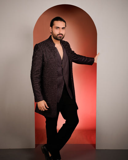 Deep Purple Indo-Western Suit with Embellished Waistcoat