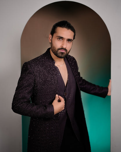 Deep Purple Indo-Western Suit with Embellished Waistcoat