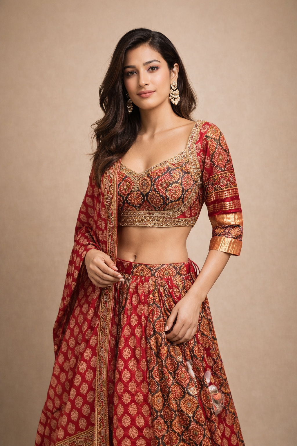 Deep Red and Antique Gold Printed Gujarati Navratri Chaniya Choli