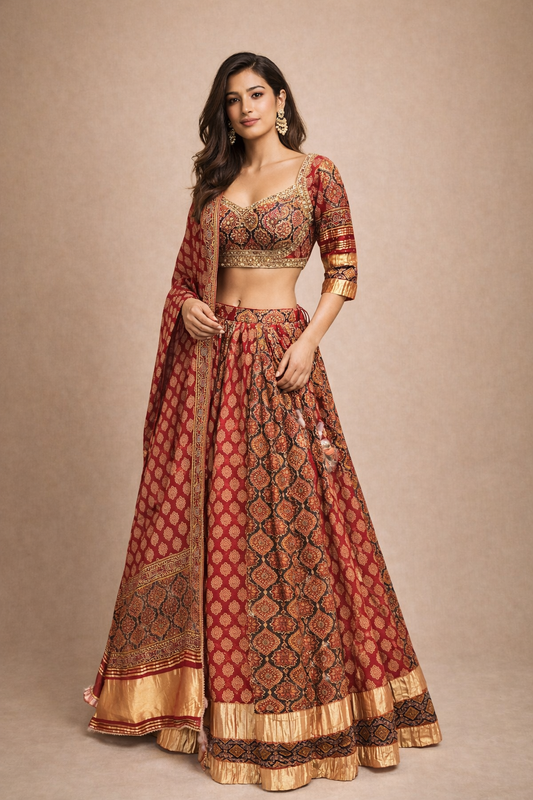 Deep Red and Antique Gold Printed Gujarati Navratri Chaniya Choli