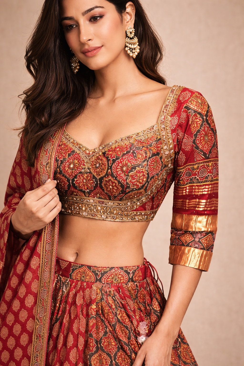 Deep Red and Antique Gold Printed Gujarati Navratri Chaniya Choli