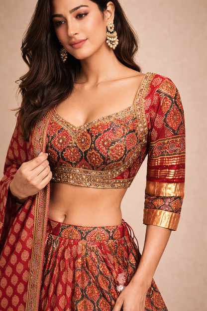 Deep Red and Antique Gold Printed Gujarati Navratri Chaniya Choli